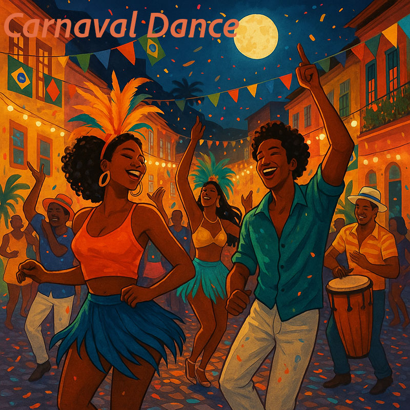 Carnaval Dance cover art with dancers in a Brazilian street celebration